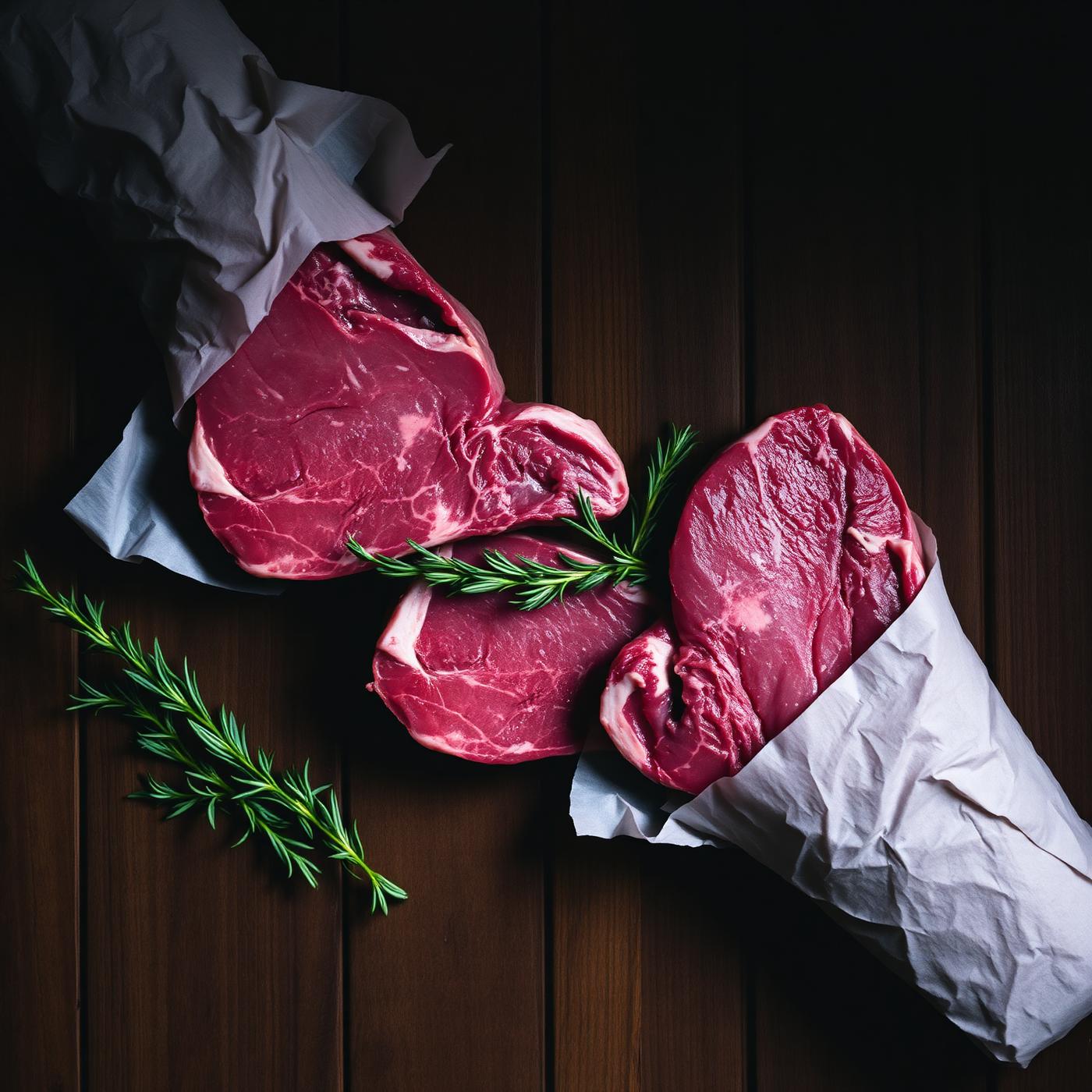 Hand-butchered lamb cuts wrapped in butcher paper with fresh rosemary